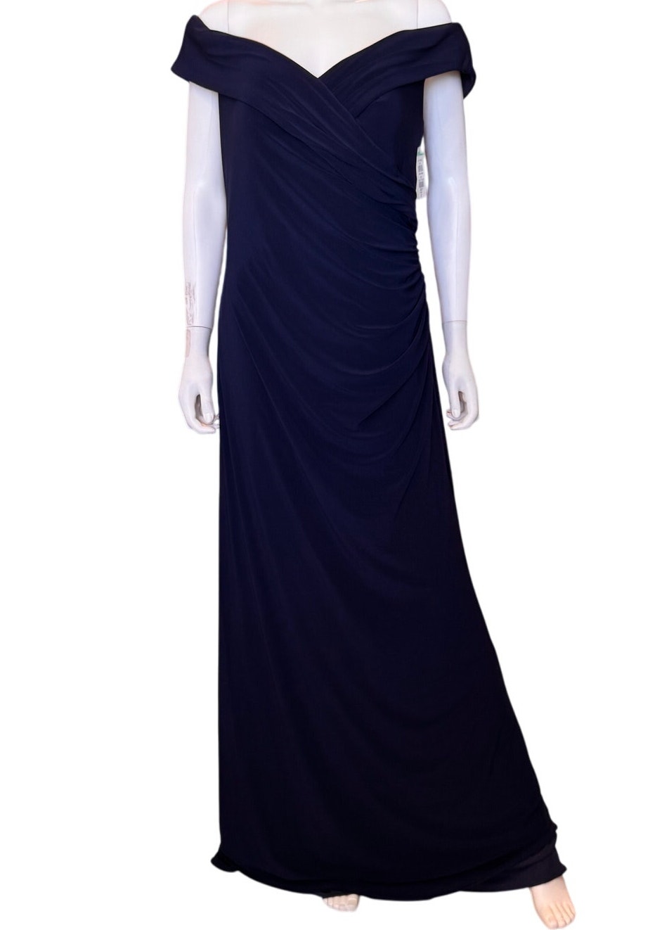 New La Femme Navy V-Neck Off The Shoulder Maxi Dress Size 12 Prom